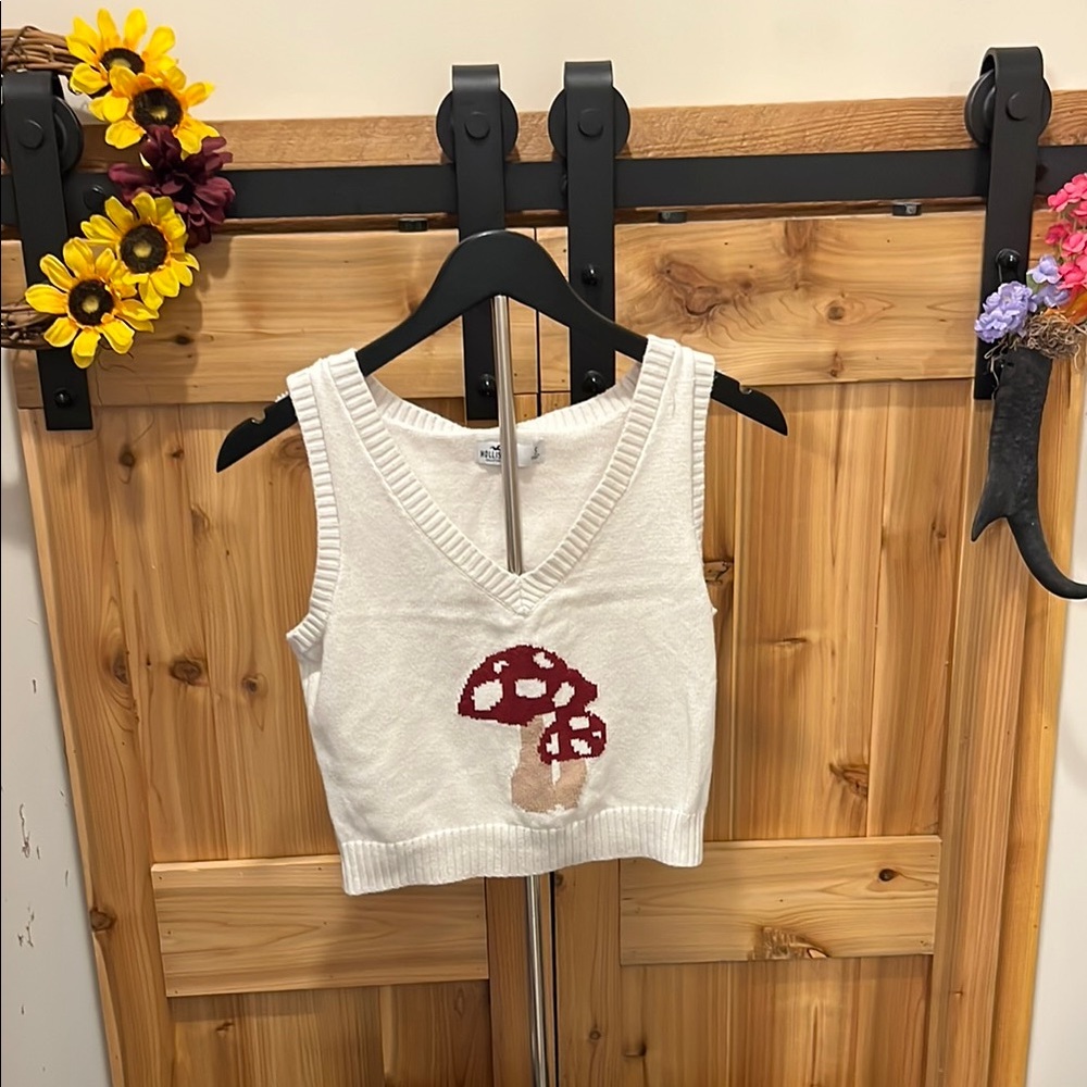 Hollister White Knit Sweater Vest with Red Mushroom Design
